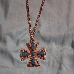 Gold-Tone Cross Pendant Necklace with Turquoise Blue Inlay